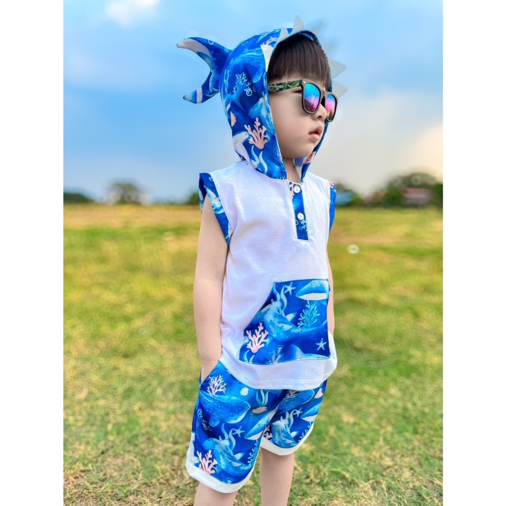 ชุดเซตฮาวาย ชุดรอม ชุดฮู้ด ลูกชาย ชุดเดรสลูกสาว ลายปลาฉลาม ชุดฤดูร้อน