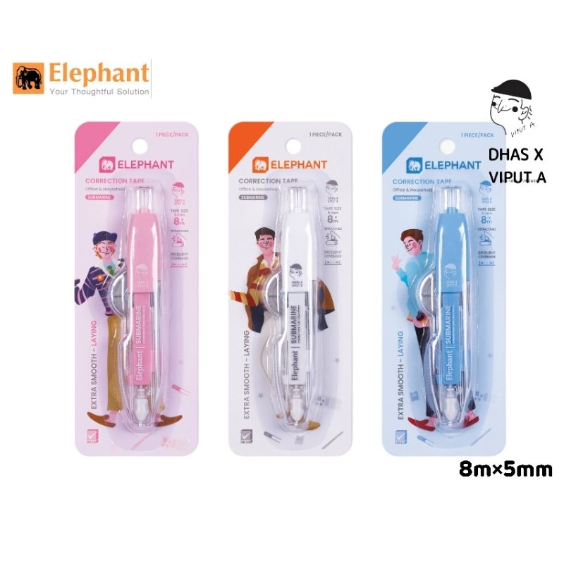 Elephant เทปลบคำผิด ซับมารีน แบบกด DHAS X VIPUT A ขนาด 8m×5mm (ราคาต่อ 1 ชิ้น / คละสี)