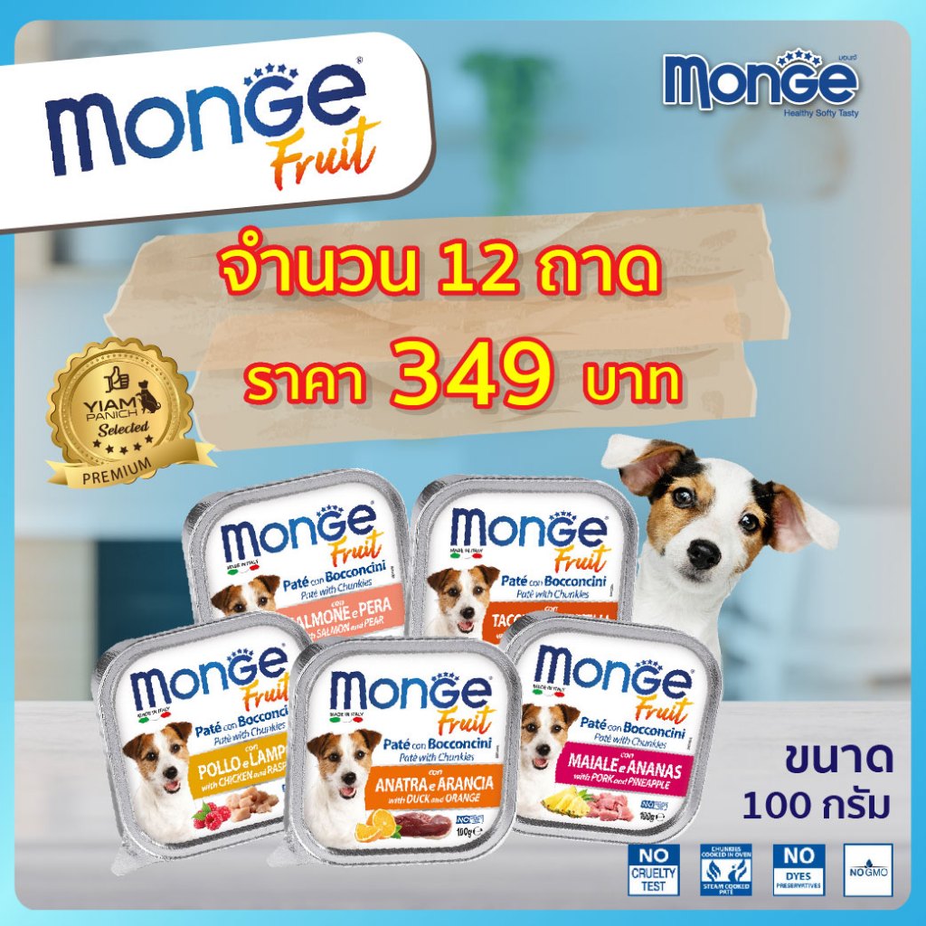 (12 ถาด ราคาพิเศษ) MONGE Fruit (มอนเจ ฟรุต) อาหารเปียกสำหรับสุนัขเกรดพรีเมียม ผสมเนื้อผลไม้