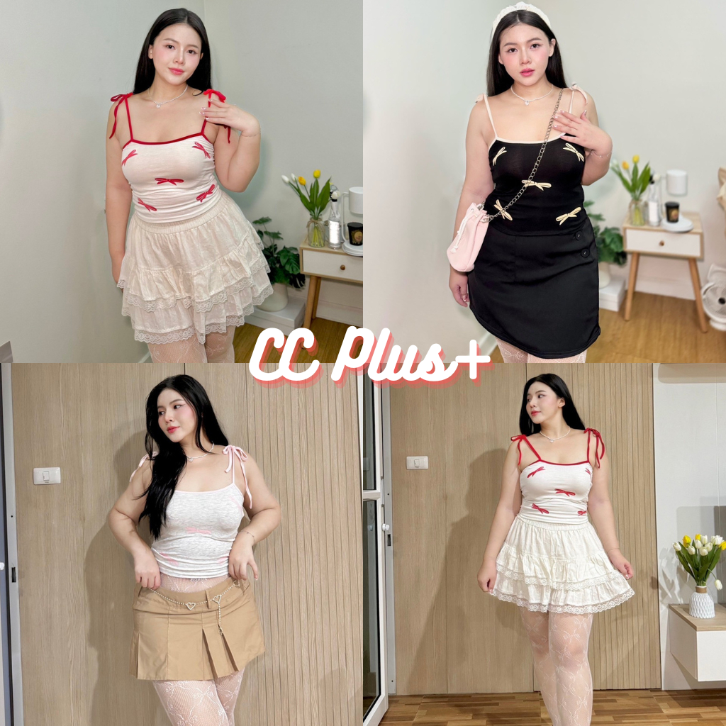CiCi Plus+(93109-1)เสื้อสายเดี่ยวผูกแขน พิมพ์ลายโบว์ น่ารักสดใส สำหรับสาวพลัสไซส์