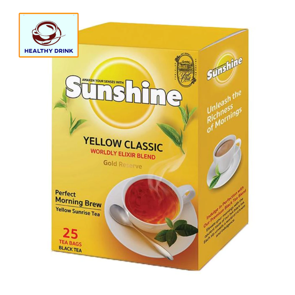 SUNSHINE ซันไชน์ ชาผงชนิดซอง มีซองหุ้ม ฉลากสีเหลือง ชาดำชนิดซอง 2 กรัม x 25 ซอง จำนวน 1 กล่อง