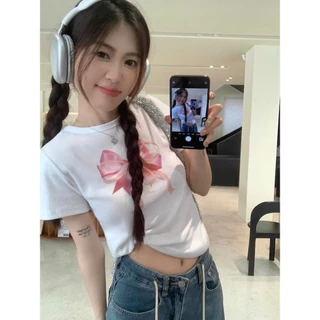Beryl🌻เสื้อยืดแขนสั้นสไตล์เกาหลีหวานสำหรับผู้หญิง พิมพ์โบว์