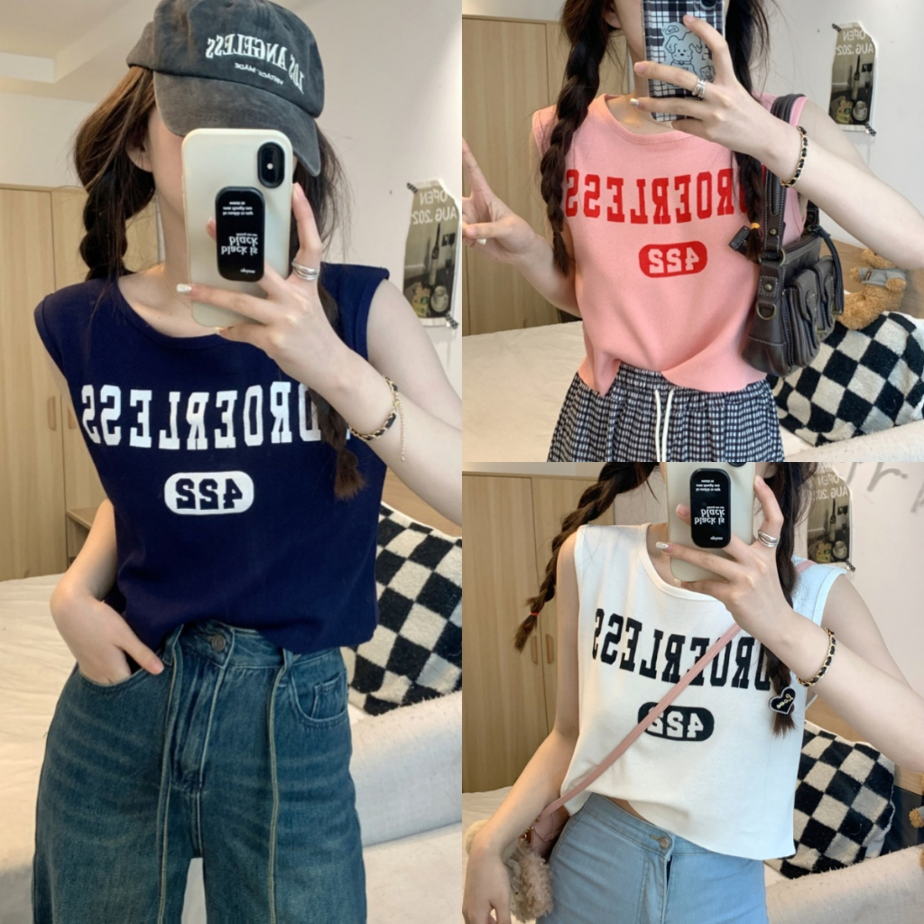 เสื้อกล้ามผู้หญิง พิมพ์ตัวอักษร เสื้อยืดแขนกุดหลวม เปิดสะดือ