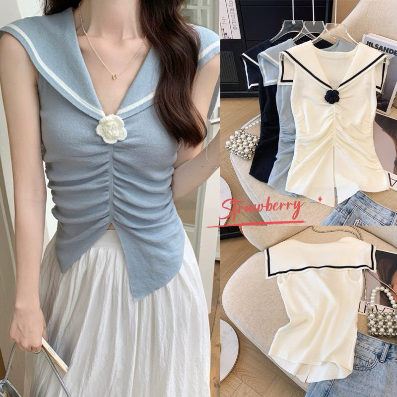 พร้อมส่ง เสื้อท็อปแขนกุดผู้หญิง ผ้าไหมพรม แต่งดอกไม้หน้าอก ดีเทลคอปกใหญ่ ทรงทหารเรือ แมทซ์ได้หลายชุด สไตล์เกาหลี