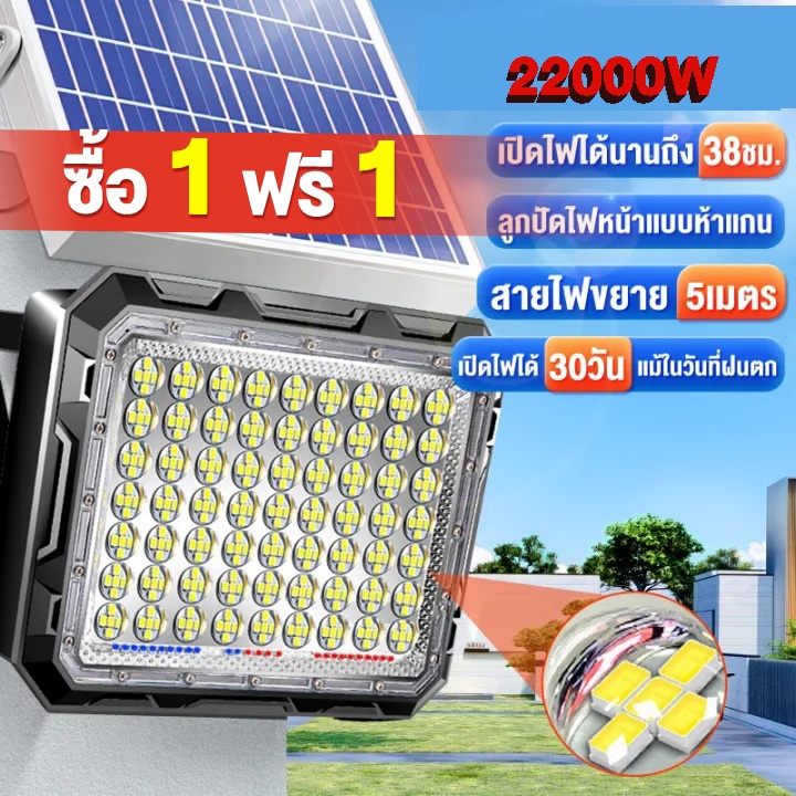 【ซื้อ1แถม1】ไฟโซล่าเซลล์ 35000W Solar Light LED กันน้ำ กันฟ้าผ่า แสงสีขาว สว่างอัตโนมัติเมื่อฟ้ามืด จับเวลาระยะไกล