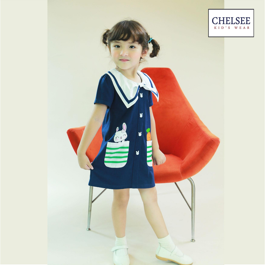 Chelsee ชุดเดรสกระโปรง เด็กผู้หญิง รุ่น 238026 ปกทหารเรือ ลายกระต่ายแครอท ผ้า 100%Cotton อายุ 1.5-10 ปี เสื้อผ้าเด็ก