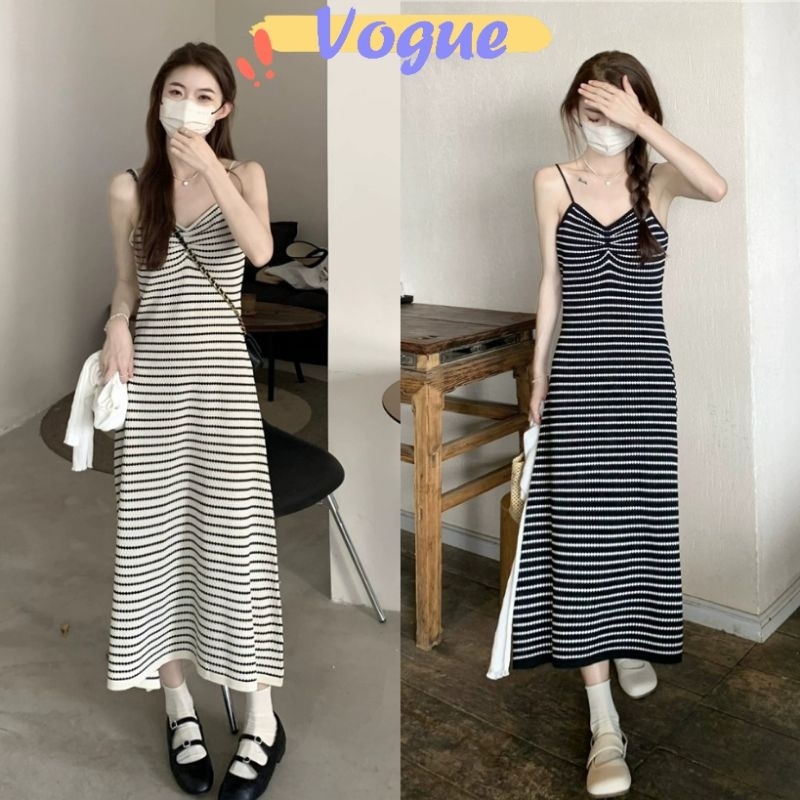 Vogue พร้อมส่ง ชุดเดรสไหมพรม กระโปรงยาง ดีเทลผ้าร่องเล็ก ลายทาง สีพื้น (37CX78)