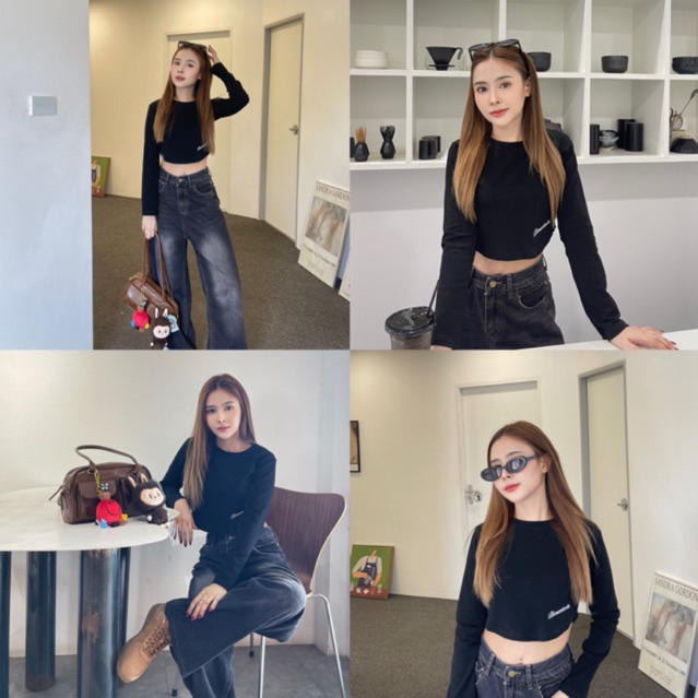 Riley Top ครอปคอกลมแขนยาว