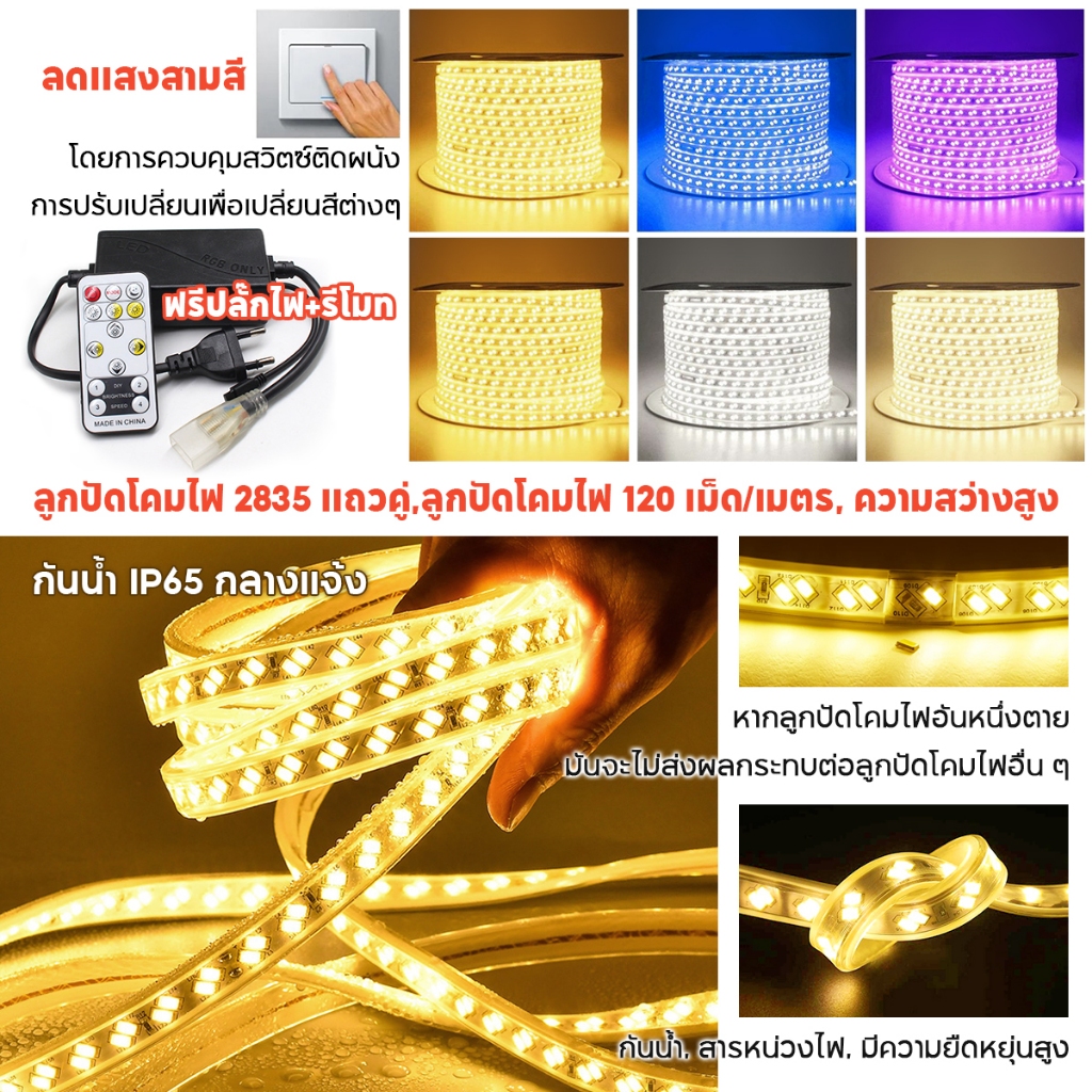 แถบไฟ LED แถบไฟเปลี่ยนสีได้ 3 สี แถบไฟกันน้ำ 2835 ไฟตกแต่งบ้าน 220V พร้อมปลั๊กและหม้อแปลง