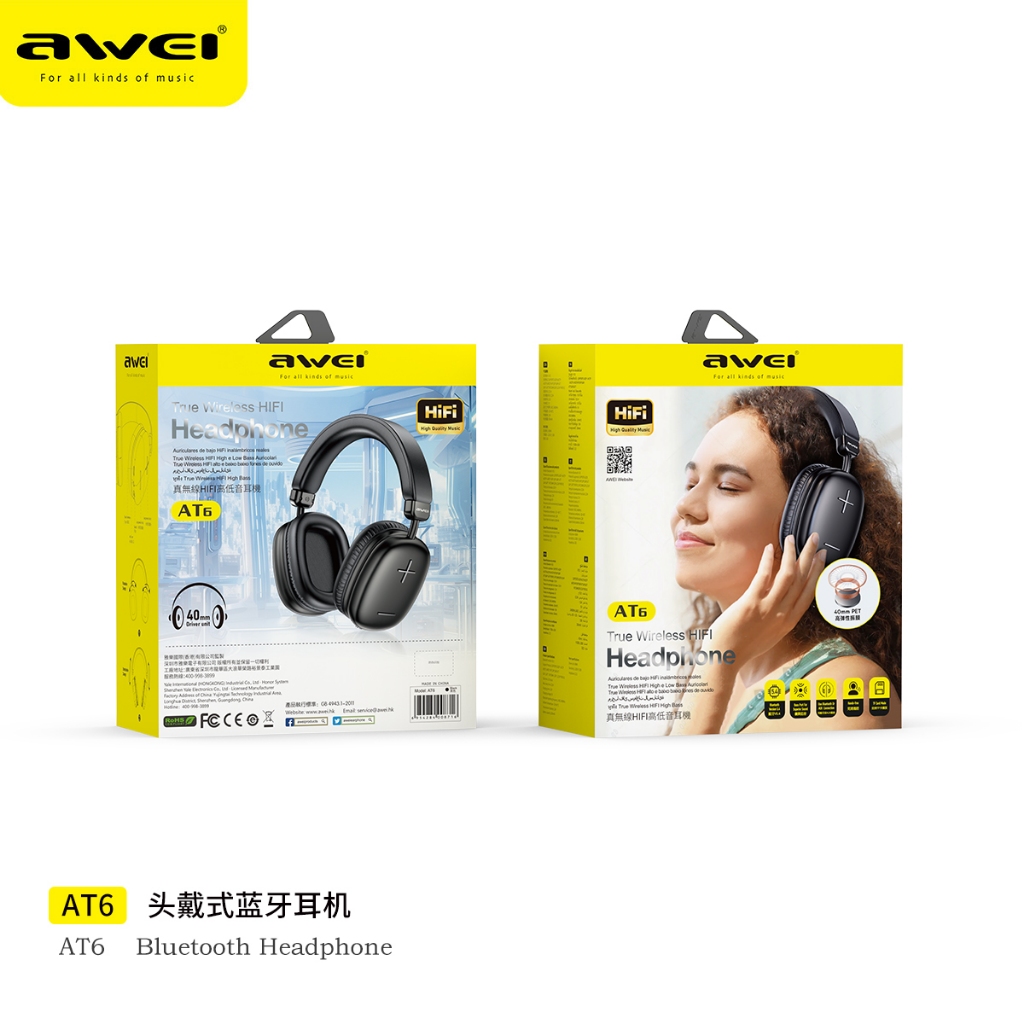AWEI AT6​หูฟังแบบครอบรุ่นใหม่​ เสียงดีมาก​คุยโทรศัพท์​ได้​ ระบบเสียงHifiเวอร์ชัน​บลูทูธ​5.3