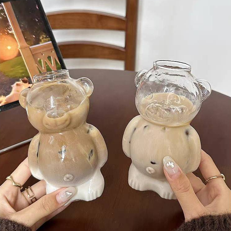 พร้อมส่ง แก้วใสรูปหมี สุดน่ารัก สไตล์คาเฟมินิมอล เกาหลีวินเทจ