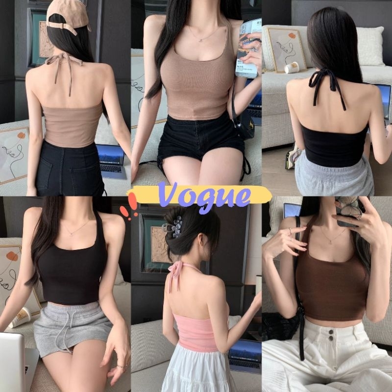 Vogue🌟พร้อมส่ง🌟 เสื้อกล้ามคอเหลี่ยมเซ็กซี่ เสื้อคล้องคอครอปสั้น มีฟองน้ำ รายละเอียดเปลือยหลัง  (FYA0