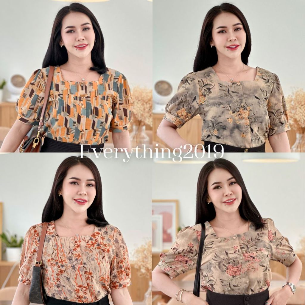 Everything2019 เสื้อทำงานผู้หญิงคอเหลี่ยม กระดุมปั๊ม แขนสั้น เนื้อผ้ามีดิ้นทองสวยมาก (6120-1)