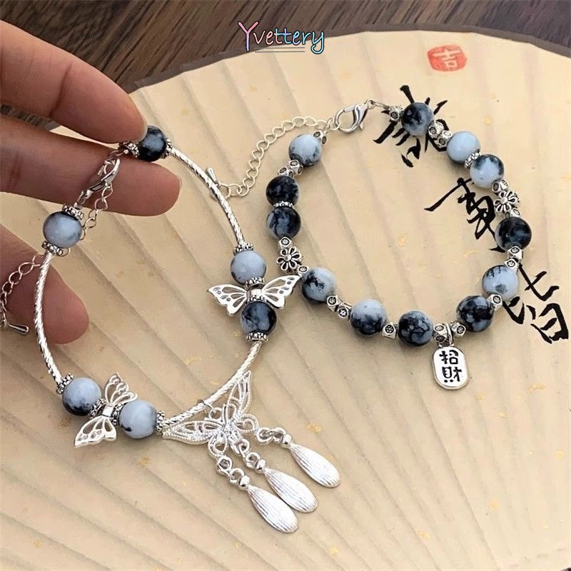 ร้านค้าไทย สร้อยข้อมือจี้หยกเทียมผีเสื้อประดับพู่สไตล์จีนย้อนยุคโลหะผสมแก้วแฟชั่นสําหรับผู้หญิงเครื่องประดับ