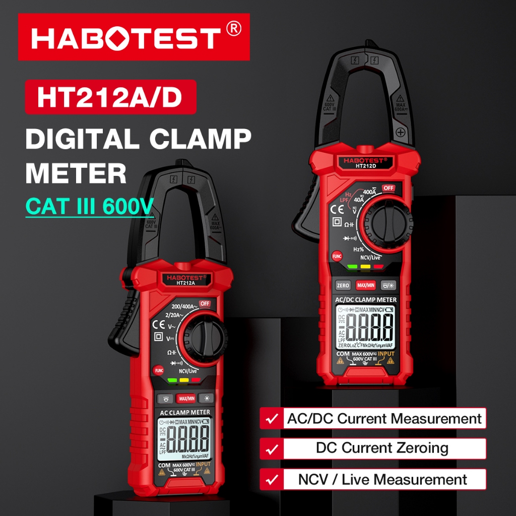 HABOTEST HT212A/D AC DC Digital Clamp Meter การวัดแรงดันไฟฟ้าปัจจุบัน LED เสริมความสว่าง 400A 0-400V