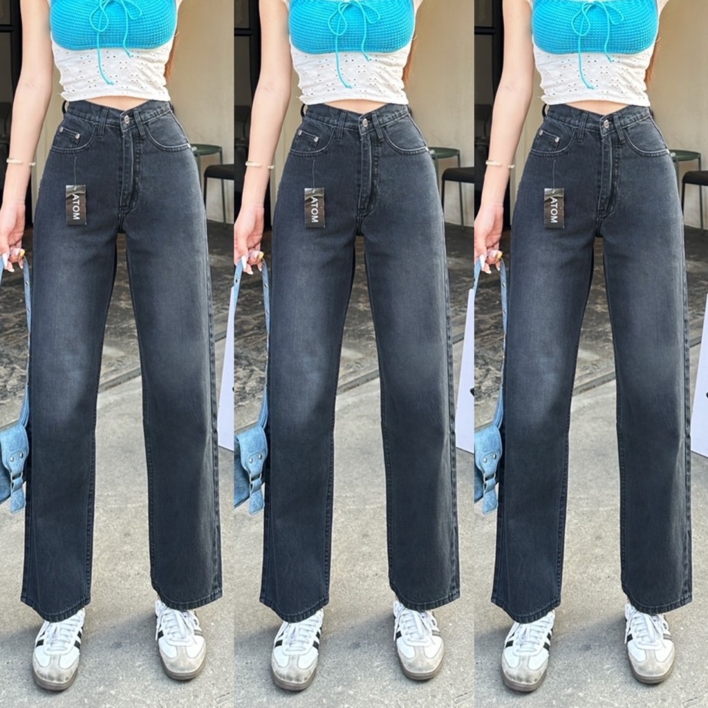 TwiceJeans ยีนส์ทรงกระบอก ขาตรง วินเทจ เอวสูง เรียบ ผ้ายีนส์ไม่ยืด ยีนส์ผู้หญิง สีดำฟอก