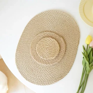 OurHome [พร้อมส่ง] แผ่นรองจานฉนวนกันความร้อนลายผ้าลินิน Flax weaving insulated placemat ที่รองแก้วทำจากผ้าลินิน