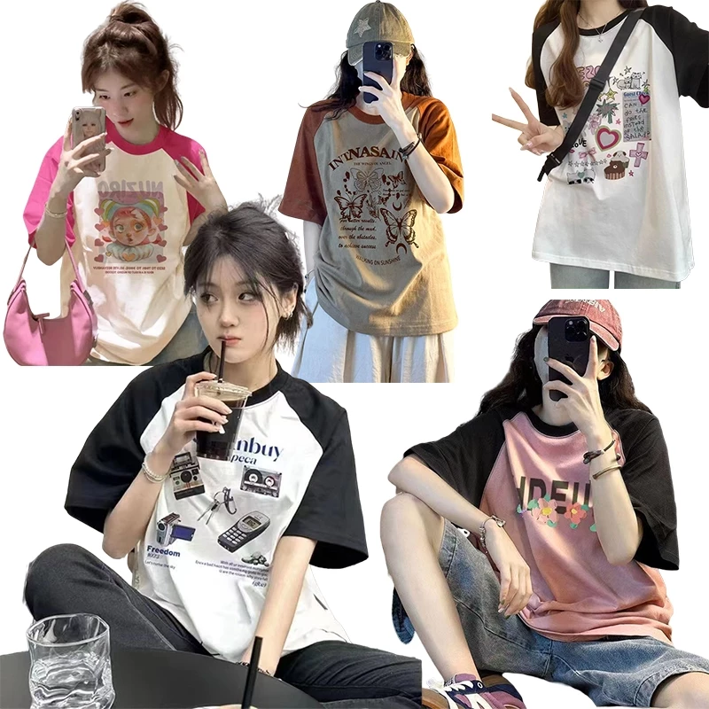 เสื้อยืดลายเท่ๆผู้หญิง สตรีทสีทูโทนม้าก oversize เสื้อผ้าสาวอวบวัยรุ่นแฟชั่น ทรงหลวม สไตล์เกาหลี เสื้อโอเวอร์ไซส์ววินเทจ