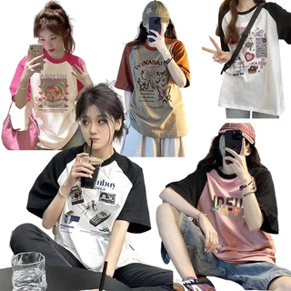 เสื้อยืดลายเท่ๆผู้หญิง สตรีทสีทูโทนม้าก oversize เสื้อผ้าสาวอวบวัยรุ่นแฟชั่น ทรงหลวม สไตล์เกาหลี เสื้อโอเวอร์ไซส์ววินเทจ