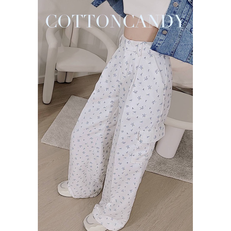 #COTTON CANDY กางเกงขายาวคาร์โก้ ลายดอกฟ้าวินเทจ New Oblue vintage pants