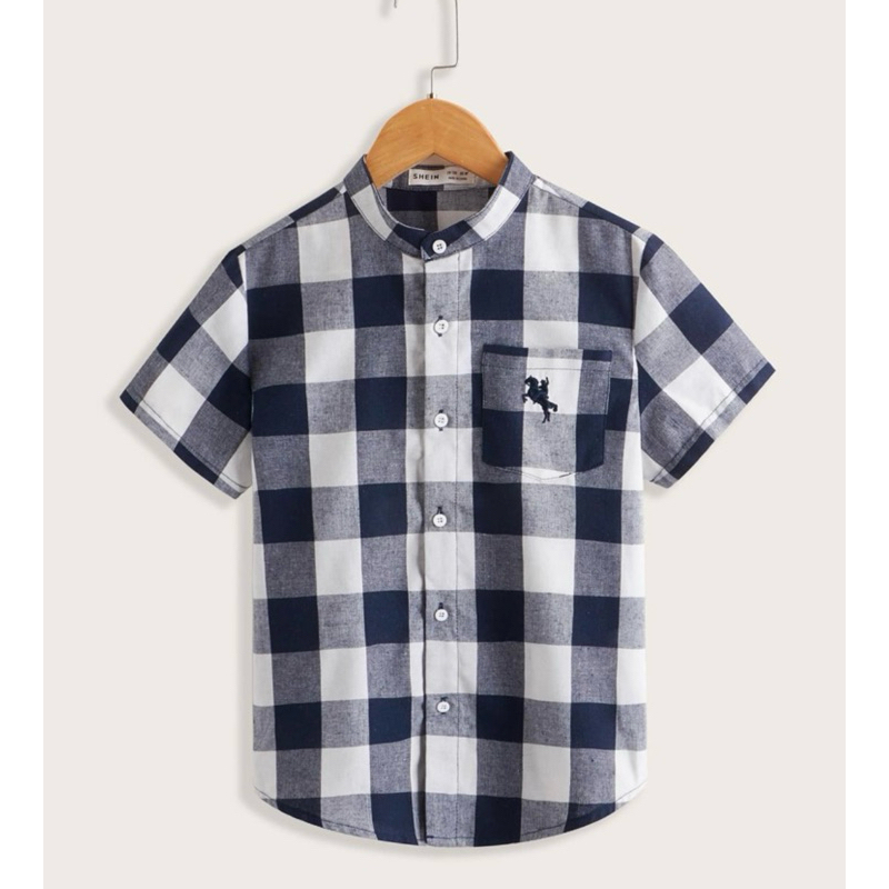 เสื้อเชิ้ตคอจีนเด็กผู้ชาย สีกรมท่า-ขาว แบรนด์ SHEIN ขนาด EU 152 US 11-12 Y