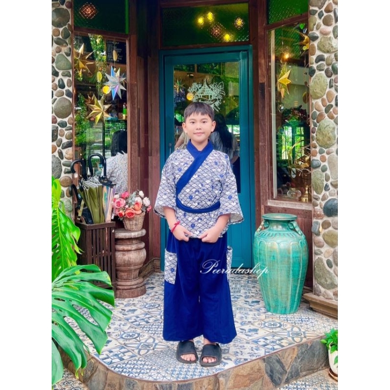 ชุดยูกาตะเด็กผู้ชายแบบซามูไรใส่(มีไซด์ m l xl 5-12ขวบ