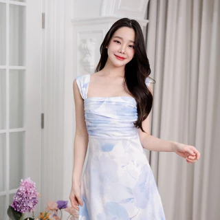 Pirunya - Long Dress 15 เดรสยาว เกาะอก แขนกุด แต่งจีบที่อก (ผ้าพิมพ์ลาย)