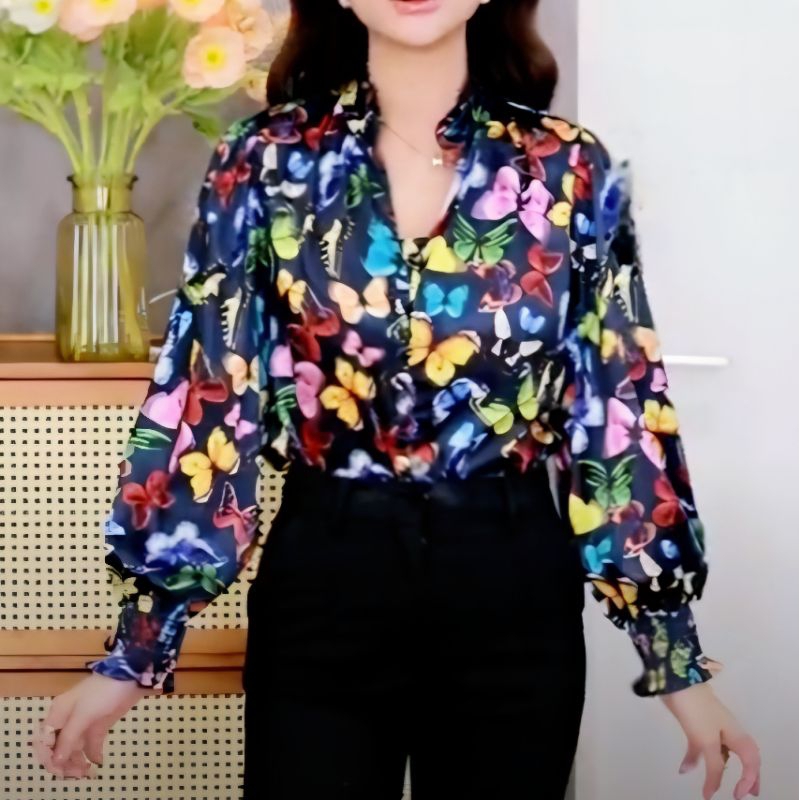 ป้าย Ploypoint (*อกเสื้อ 42,44 นิ้ว) เสื้อเชิ๊ตแขนยาว สม๊อกปลายแขน ลายผีเสื้อ ราคา ถูกที่สุด ดีลบีเคเค