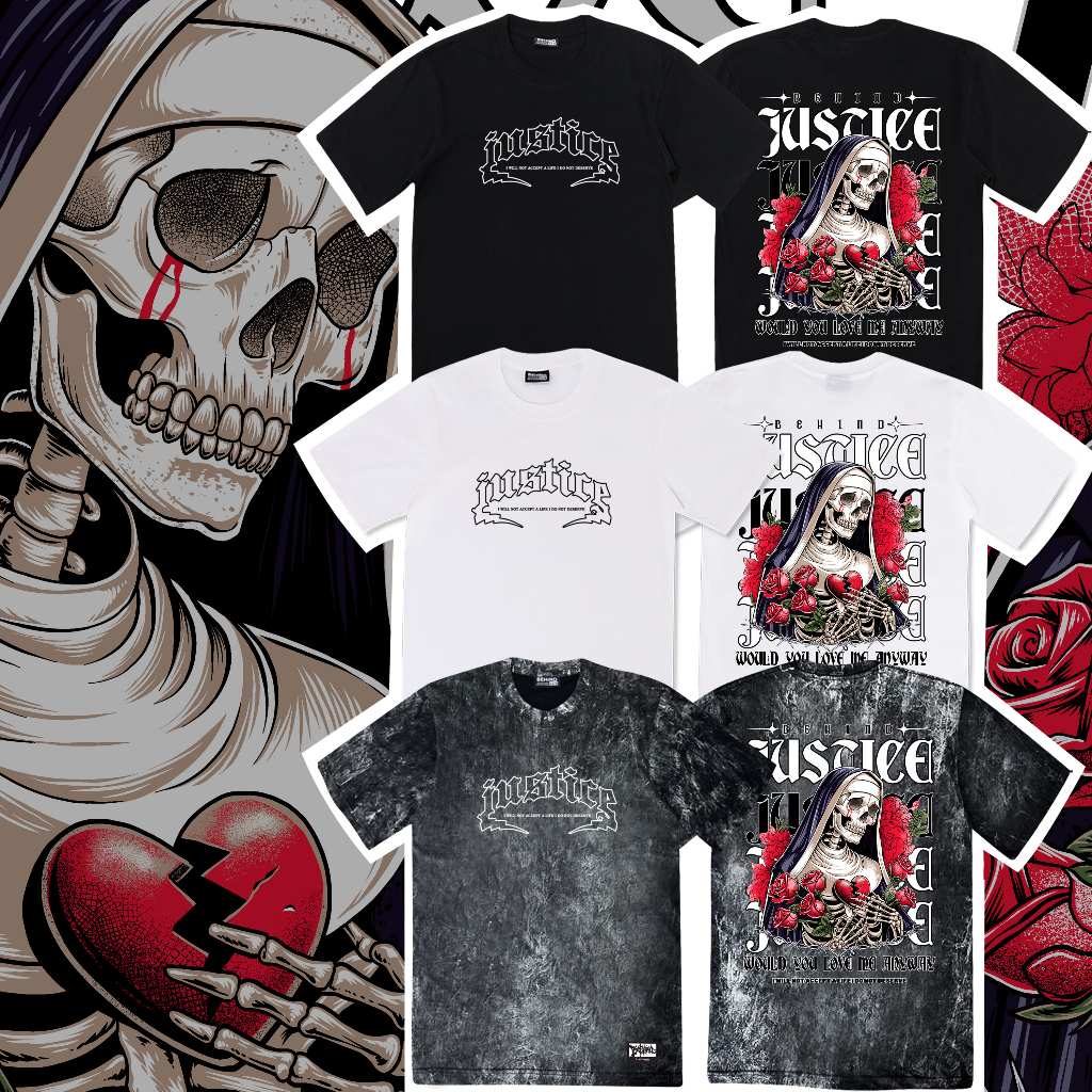 BEHIND เสื้อยืด แขนสั้น “ JUSTICE “ แนวสตรีท Oversize เสื้อยืดชาย หญิง