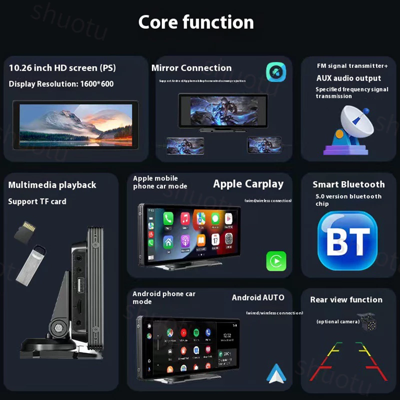4K กล้องติดรถยนต์+กล้องหลังฟรี 10.26นิ้ว TouchScreen DVR WIFI บลูทู ธ เสียงควบคุมฟังก์ชั่น Android Auto carplay Dash Cam thumbnail 3