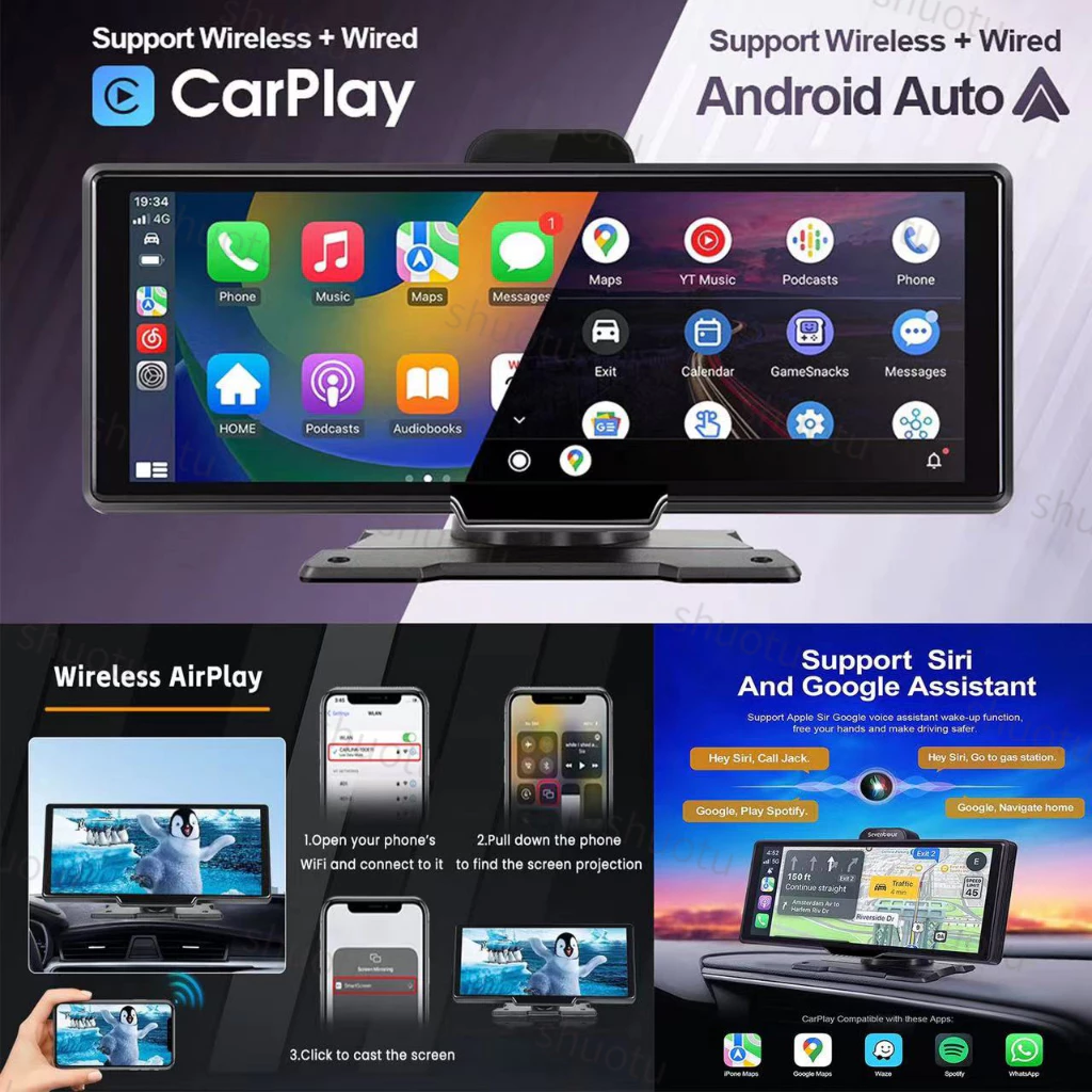 4K กล้องติดรถยนต์+กล้องหลังฟรี 10.26นิ้ว TouchScreen DVR WIFI บลูทู ธ เสียงควบคุมฟังก์ชั่น Android Auto carplay Dash Cam thumbnail 4