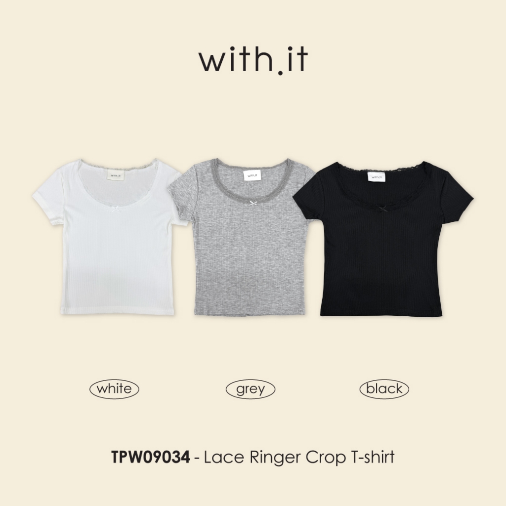 with.ti.store TPW09034 เสื้อยืดครอปผ้าริปคอแต่งลูกไม้