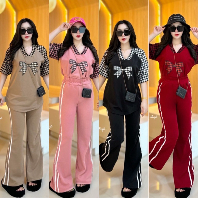 BB ชุดเซ็ต 2 ชิ้น ผ้าวูเวฟ เสื้อโอเวอร์ไซด์ คอกลมแต่งสลับสี ลายชิโนริ โบว์ + กางเกงขายาว ขาม้าแต่งแถบข้าง สวยมากๆ
