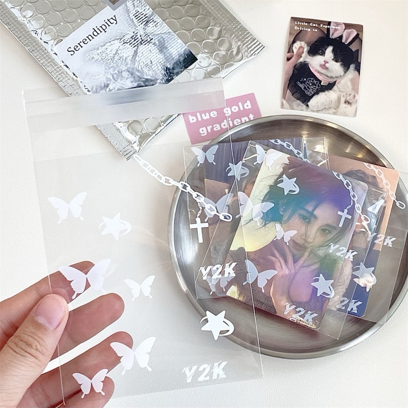 พร้อมส่ง!🤍🦋ถุงใสฝากาว ใส่การ์ด แพค50ชิ้น ลายผีเสื้อสีขาว y2k สวยมาก