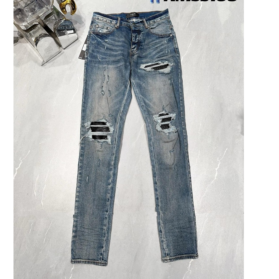 AMIRI MX1 Leather Patch Slim Fit Slp Blue Jeans Men amiri ทรงเข้ารูปยืดกางเกงยีนส์ผู้ชาย