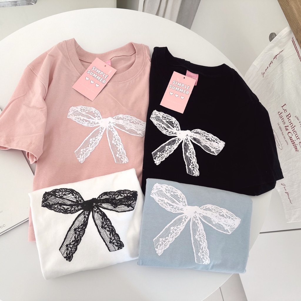 Sugarbeetshop | S329 CROP สกรีนโบว์ลูกไม้ เสื้อครอปผ้าคอตตอน