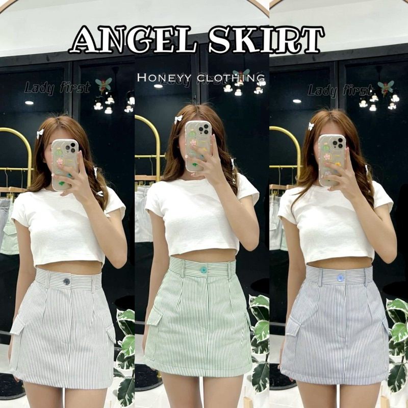 ANGEL SKIRT กระโปรงยีนส์ลายริ้ว กระเป๋าคาร์โก้