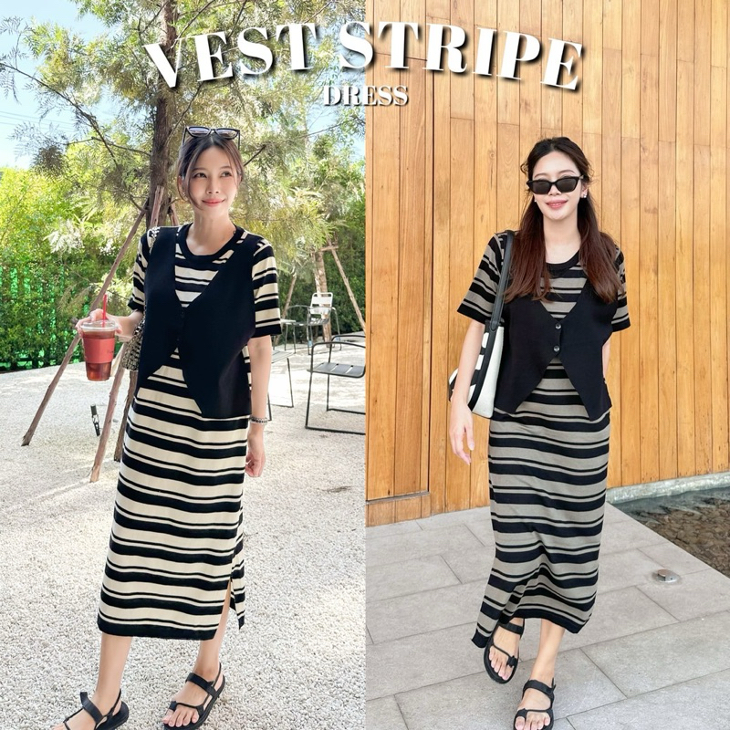 VEST STRIPE DRESS เดรสไหมพรมเนื้อนุ่มนิ่ม แต่งเสื้อกั๊ก ยืดได้เยอะ ไม่คัน