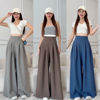 พร้อมส่ง‼️กางเกงขายาวเอวสูง จีบทวิต ดีเทลแต่งหูเข็มขัดขอบเรี…