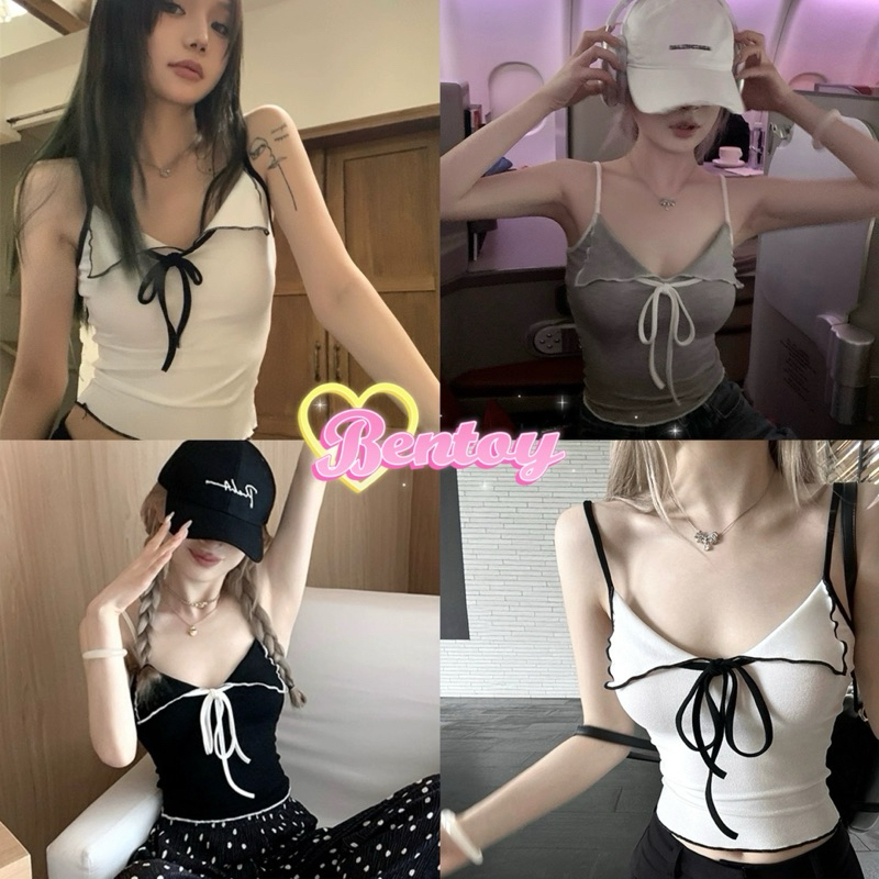 bentoy(Q242/1917)เสื้อสายเดี่ยว หน้าวี แต่งสายผูกโบว์ ผ้านิ่ม ใส่สบาย เซ็กซี่เบาๆ