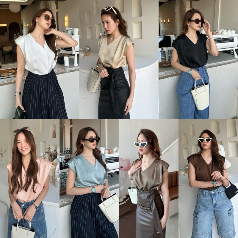 Alot #Lizel เสื้อคอวีบ่าฟองน้ำ ผ้าซาตินมีน้ำหนัก จับจีบลงมาจากบ่า ใส่แล้วดูเอวเล็ก สวยทุกสี หยิบใส่ได้บ่อย