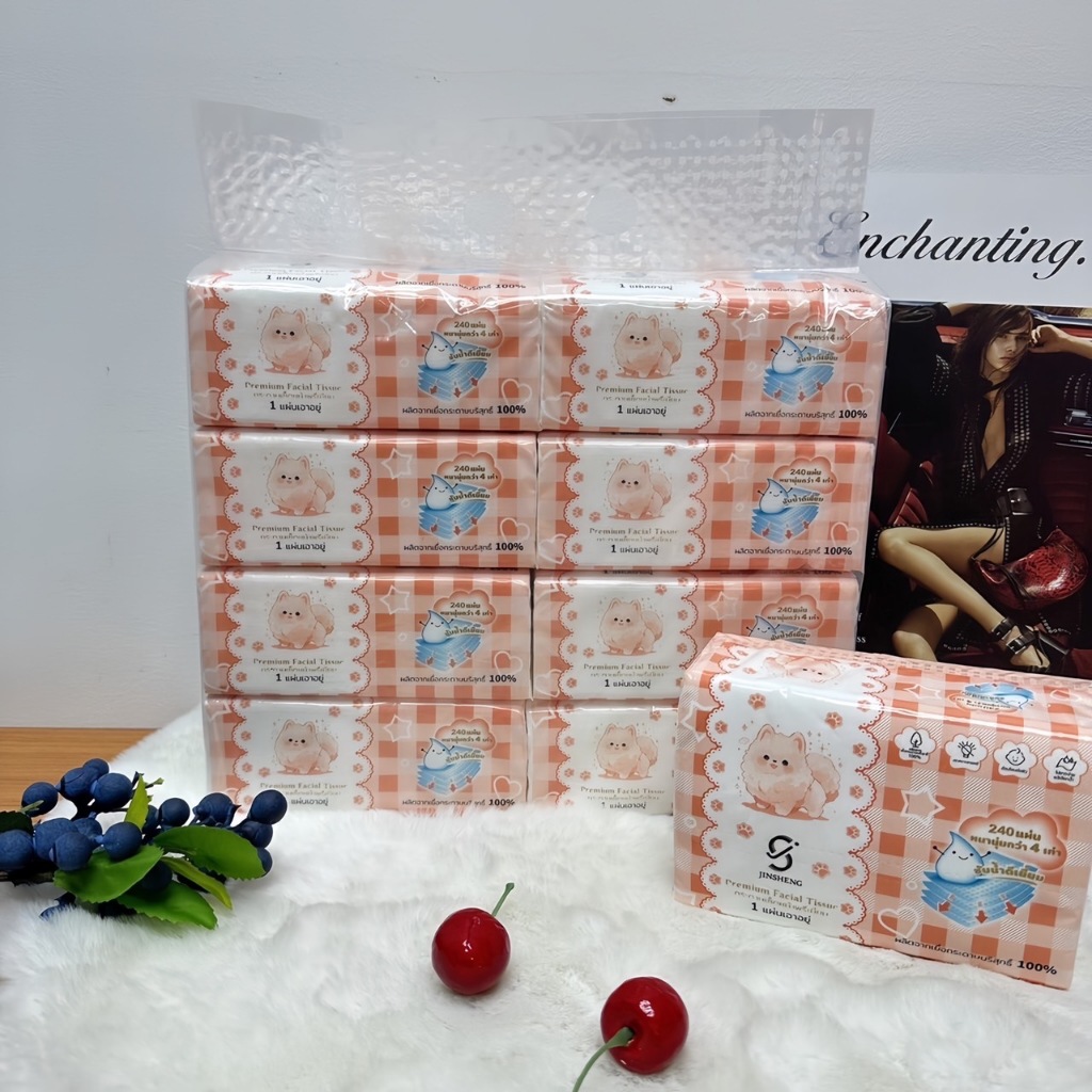 ZJ-05【ยกแพ็ค 8 ห่อ】กระดาษทิชชู่รุ่นปอมปอม กระดาษชำระ หนา 4 ชั้น 240 แผ่น GB/T 20808
