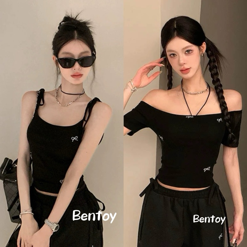 bentoy(Q283/Q285)เสื้อยืดแขนสั้นปาดไหล่ได้ แต่งสายห้อยคอ มีเป็นแบบสายเดี่ยวด้วย สีดำ ลายโบว์เล็กๆ