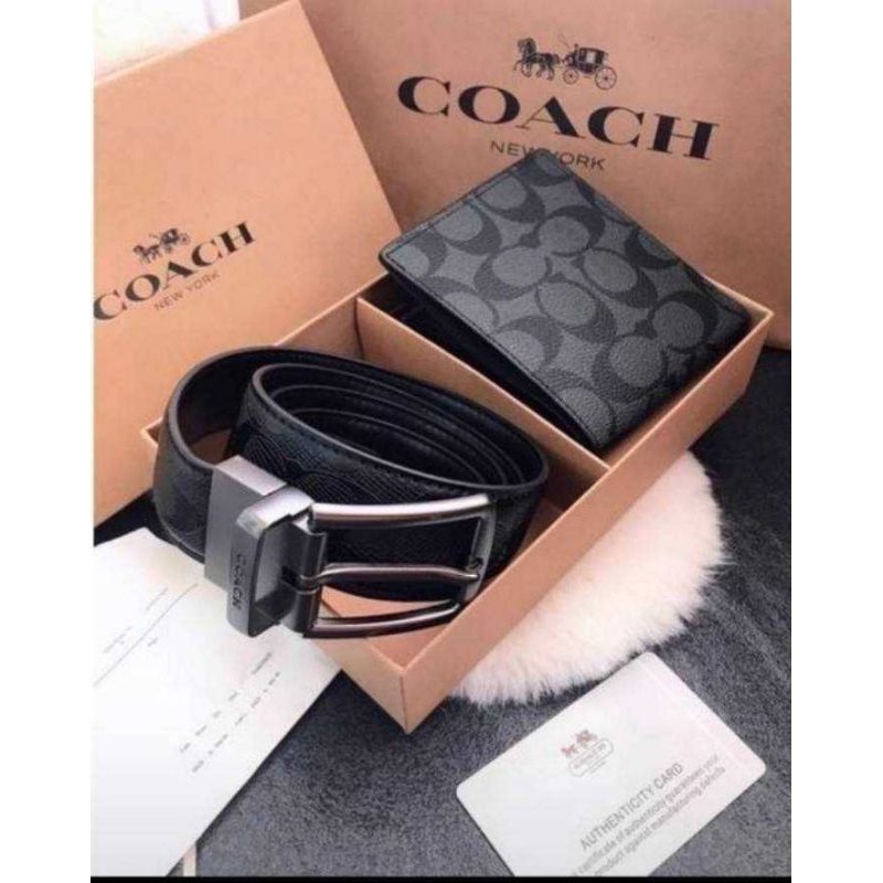 เข็มขัด+กระเป๋าตังค์ ผู้ชาย Coach /Black กระเป๋าตังใบสั้นผู้ชาย 2 พับ มีช่องใส่การ์ดเพียบงานหนัง PU 