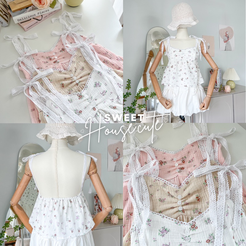 SweetHouse #248 เสื้อสายเดี่ยวผูกบ่าลายดอกไม้ผ้าสาลู โชว์หลังหวานอมเปรี้ยวไปเลยจ้า