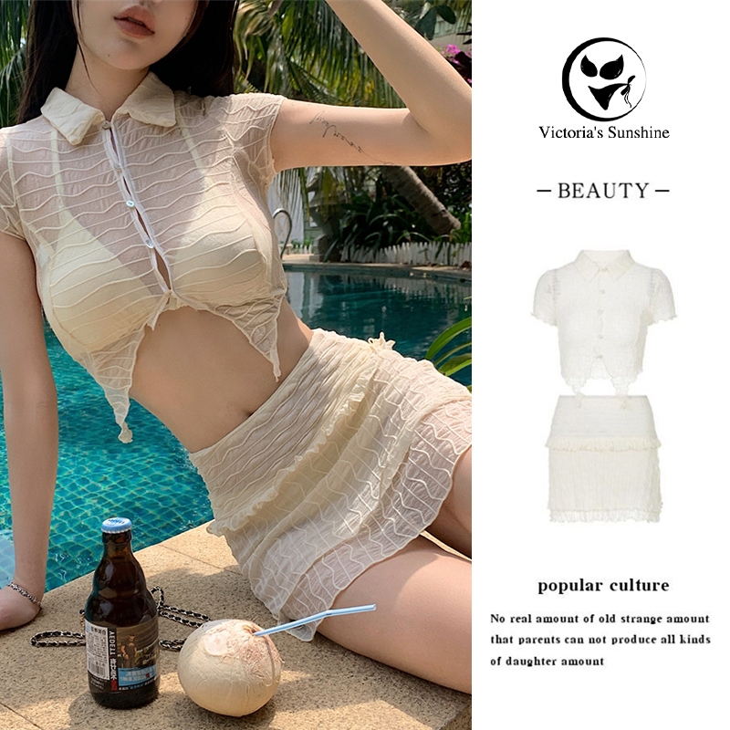 ไลฟ์สดลด50% ชุดว่ายน้ำ3ชิ้น set bikini white ชุดไปทะเล ผ้าเนื้อดี#0146