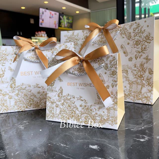 ꒰1ใบ꒱ถุงกระดาษ BEST WISHES โทนสีขาว*:･ทอง (หูหิ้วแยก) ริบบิ้นทูโทน สีทอง-เงิน