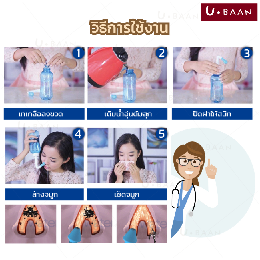 UBAAN  พร้อมส่ง  ที่ล้างจมูก ขวดล้างจมูก พร้อมผงเกลือ มีหัวเปลี่ยน ใช้งานง่าย ใช้ได้ทั้งเด็ก และผู้ใหญ่ (ขนาด 300 ml.) ราคา ถูกที่สุด ดีลบีเคเค แกลเลอรีภาพที่ 8