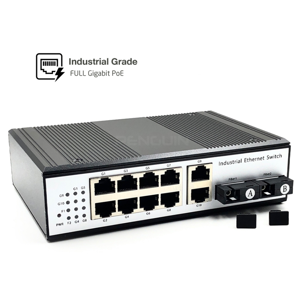 Full Gigabit Industrial PoE Switch 10 Port (8 PoE + 2 Uplink) Built-in Fiber A/B