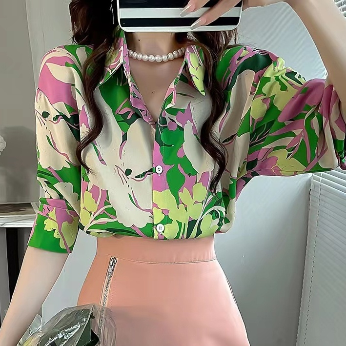 Littlebee W388 เสื้อเชิ้ตแขนยาว คอปก ผ้าชีฟอง พิมพ์ลายดอกไม้ ทรงหลวม เข้ารูป แฟชั่นฤดูร้อน สําหรับผู้หญิง